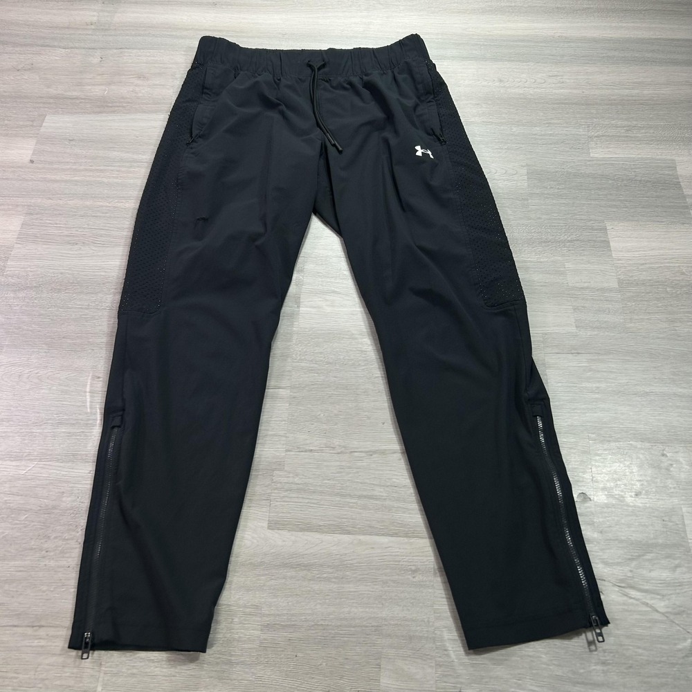 Under Armour Track Pants Mens Medium Black Woven Zip Hem Ventilated 1370428